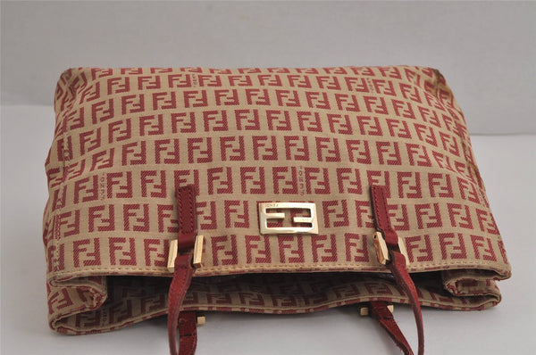 Authentic FENDI Vintage Zucchino Hand Bag Purse Canvas Leather Red 7065J
