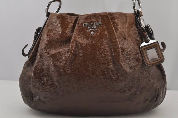 Authentic PRADA Vintage Enamel Shoulder Tote Bag Brown 7067J