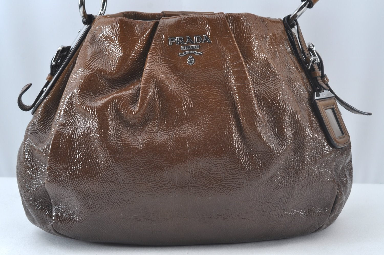 Authentic PRADA Vintage Enamel Shoulder Tote Bag Brown 7067J