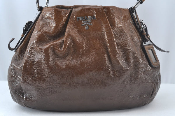 Authentic PRADA Vintage Enamel Shoulder Tote Bag Brown 7067J