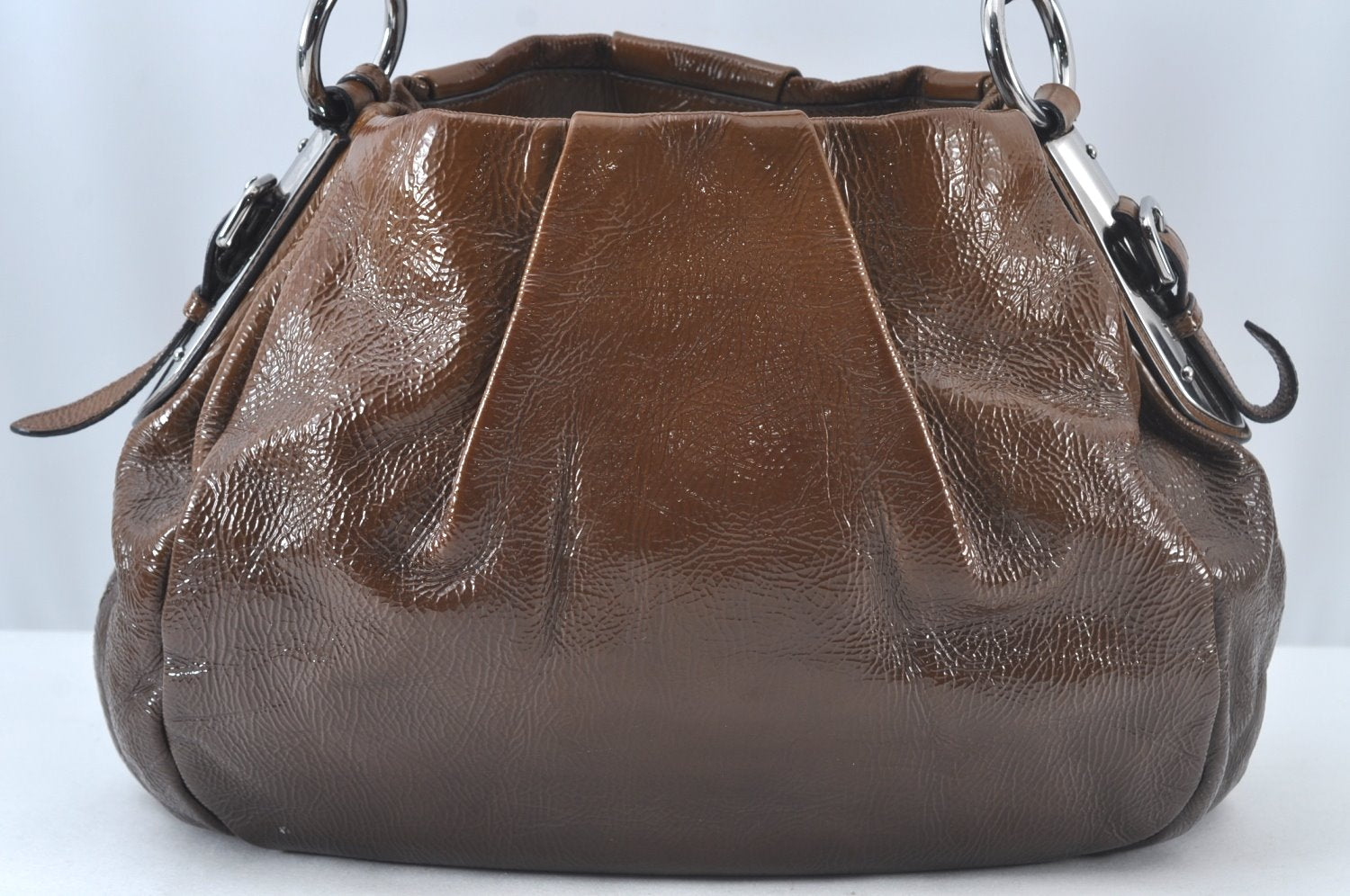 Authentic PRADA Vintage Enamel Shoulder Tote Bag Brown 7067J