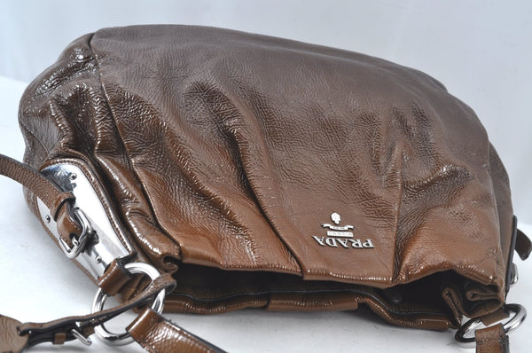 Authentic PRADA Vintage Enamel Shoulder Tote Bag Brown 7067J