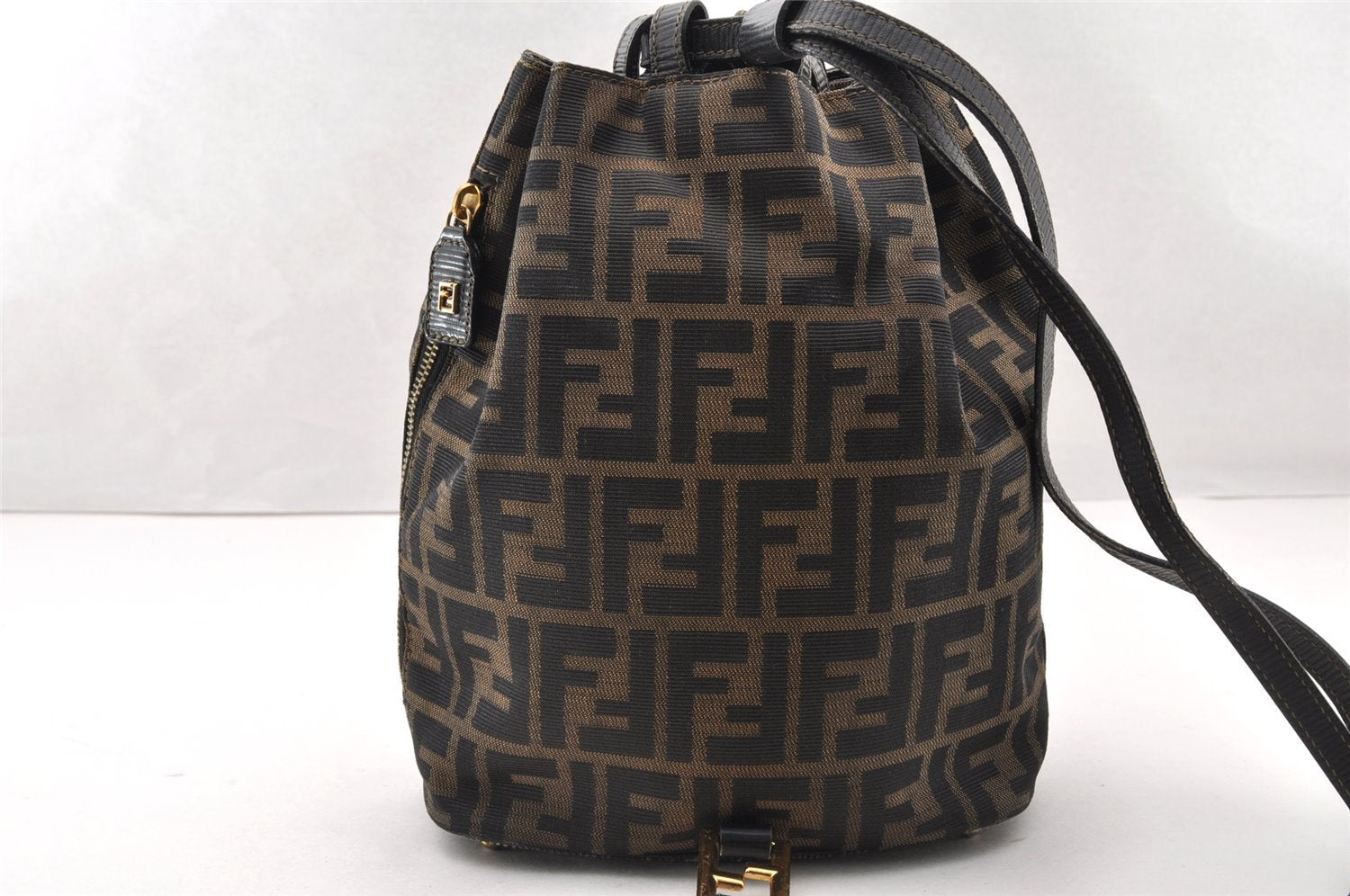 Authentic FENDI Zucca Drawstring Backpack Purse Canvas Leather Brown 7076I