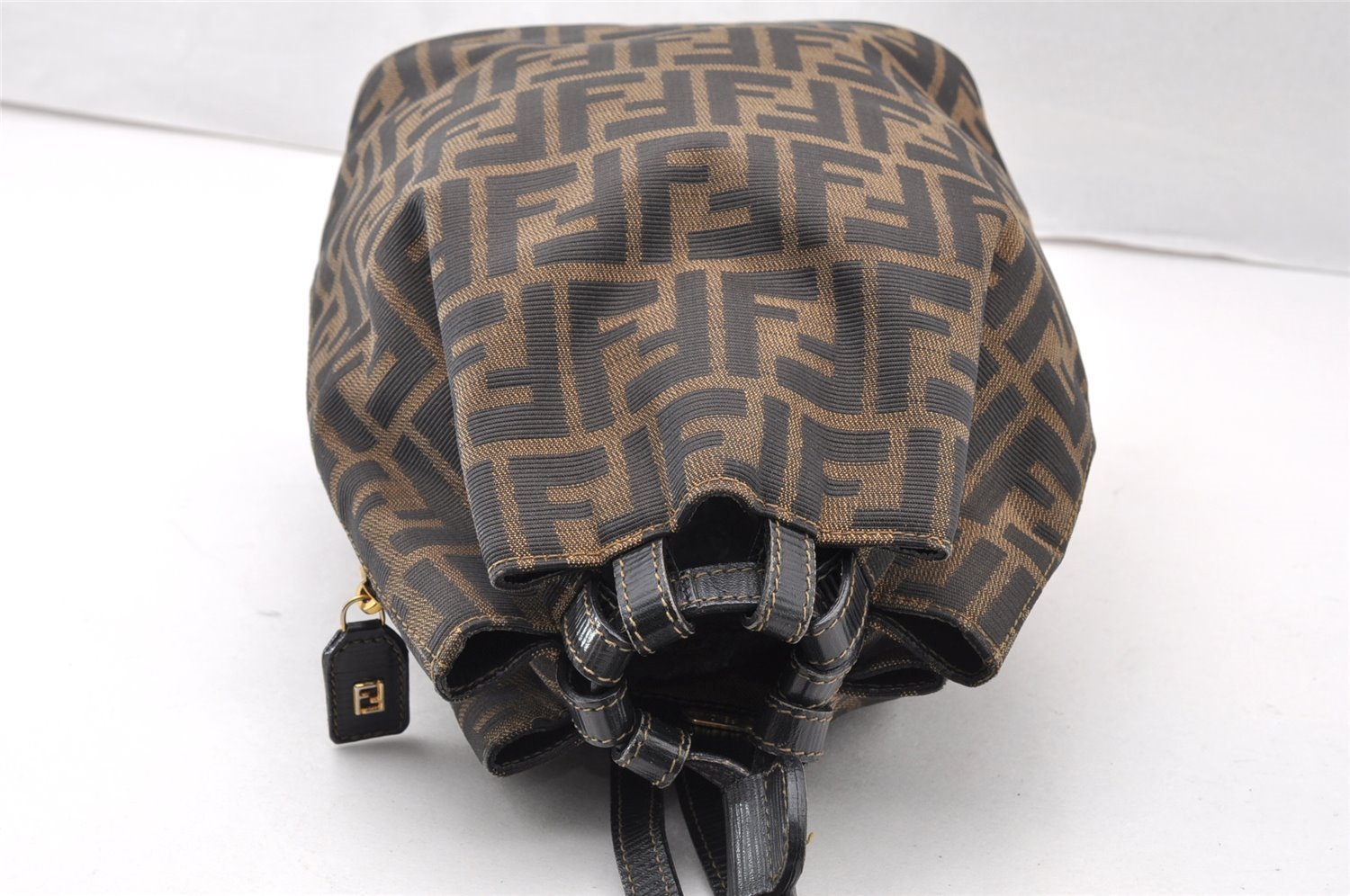 Authentic FENDI Zucca Drawstring Backpack Purse Canvas Leather Brown 7076I