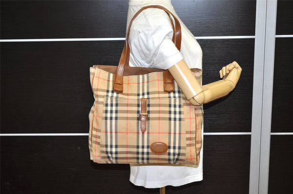 Authentic Burberrys Nova Check Shoulder Tote Bag Canvas Leather Beige 7079K