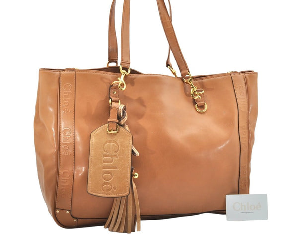 Authentic Chloe Vintage Eden Fringe Shoulder Tote Bag Leather Brown 7086K