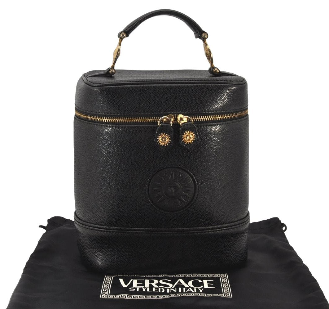 Authentic VERSACE Vintage Sunburst Vanity Hand Bag Purse Leather Black 7099K