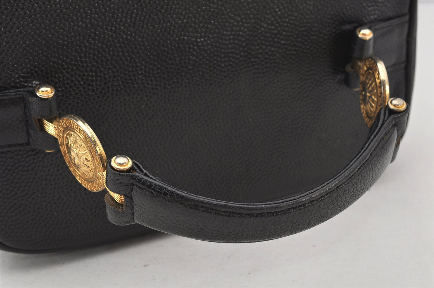 Authentic VERSACE Vintage Sunburst Vanity Hand Bag Purse Leather Black 7099K