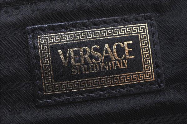 Authentic VERSACE Vintage Sunburst Vanity Hand Bag Purse Leather Black 7099K