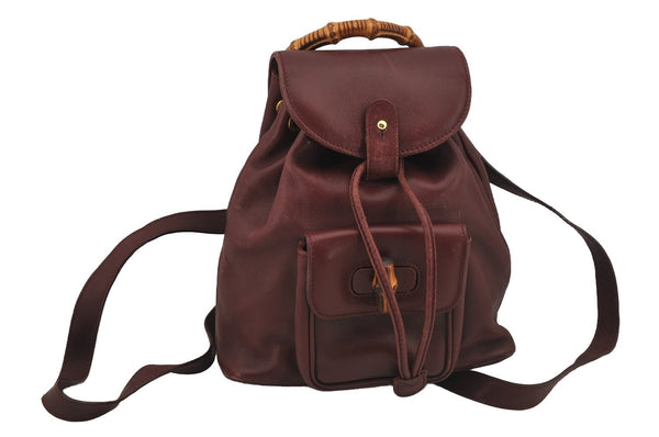 Authentic GUCCI Bamboo Drawstring Backpack Purse Leather Bordeaux 7101J