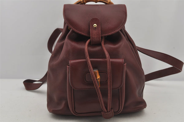 Authentic GUCCI Bamboo Drawstring Backpack Purse Leather Bordeaux 7101J