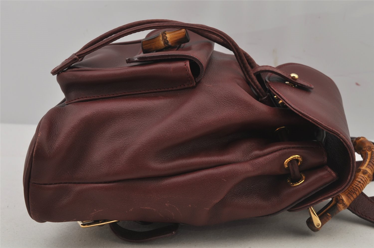 Authentic GUCCI Bamboo Drawstring Backpack Purse Leather Bordeaux 7101J