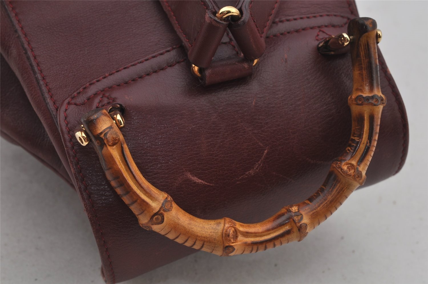 Authentic GUCCI Bamboo Drawstring Backpack Purse Leather Bordeaux 7101J