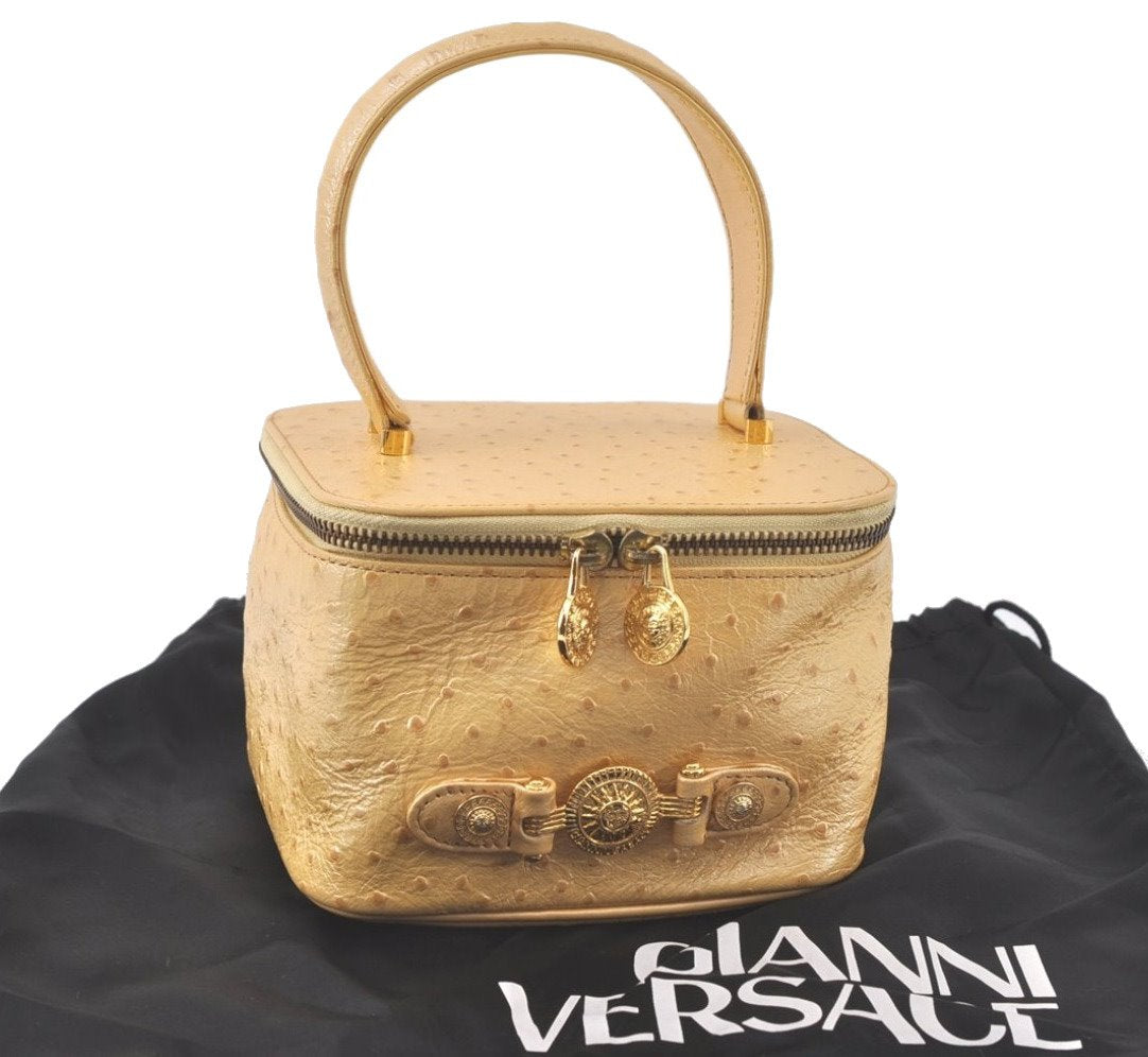 Authentic Gianni Versace Sunburst Vanity Hand Bag Purse Leather Yellow 7104K