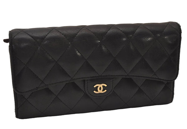 Authentic CHANEL Lamb Skin Matelasse Vintage Long Wallet Purse Black CC 7116I