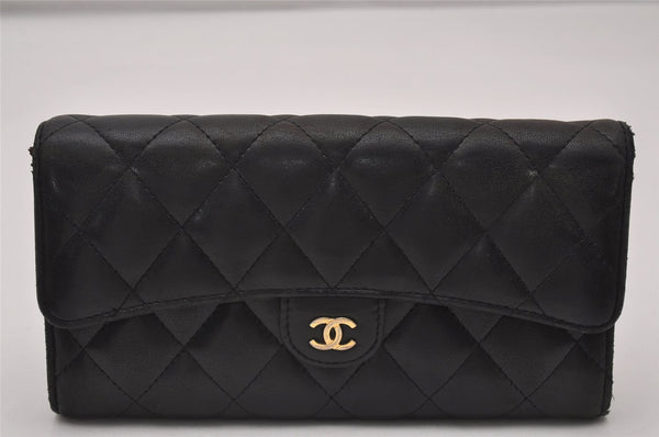 Authentic CHANEL Lamb Skin Matelasse Vintage Long Wallet Purse Black CC 7116I