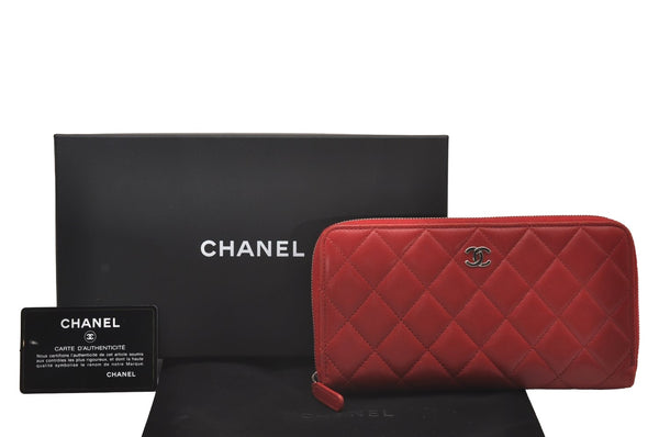 Authentic CHANEL Lamb Skin Matelasse Vintage Long Wallet Purse Red CC Box 7121I