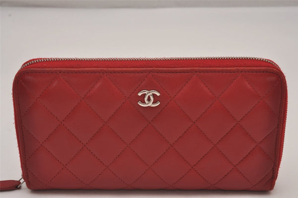 Authentic CHANEL Lamb Skin Matelasse Vintage Long Wallet Purse Red CC Box 7121I