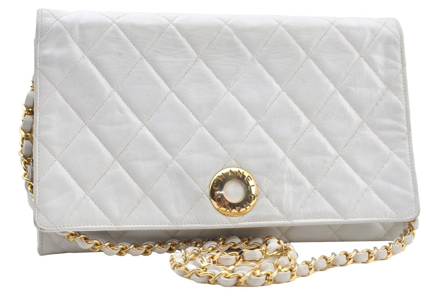 Authentic CHANEL Calf Skin Matelasse Chain Shoulder Cross Bag White CC 7129I