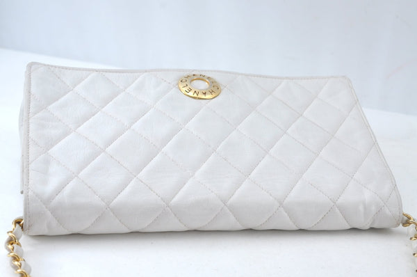 Authentic CHANEL Calf Skin Matelasse Chain Shoulder Cross Bag White CC 7129I