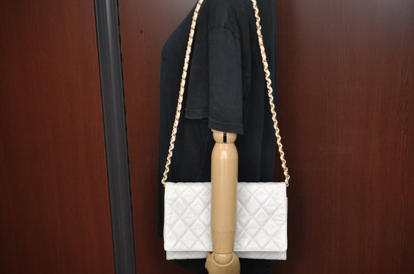 Authentic CHANEL Calf Skin Matelasse Chain Shoulder Cross Bag White CC 7129I