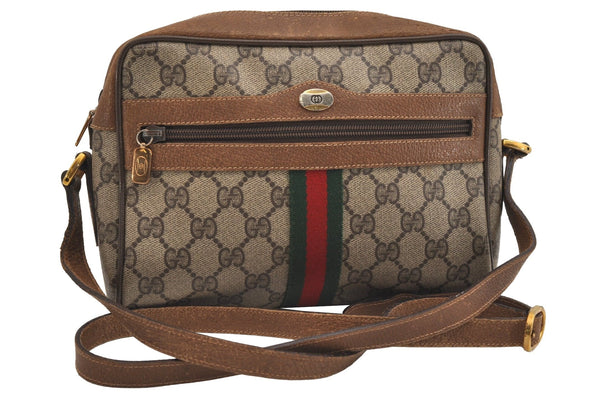 Authentic GUCCI Web Sherry Line Shoulder Cross Bag GG PVC Leather Brown 7140J
