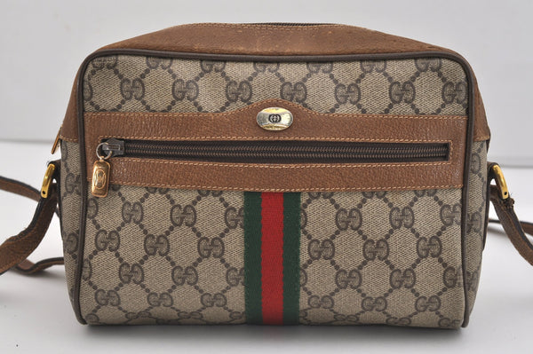 Authentic GUCCI Web Sherry Line Shoulder Cross Bag GG PVC Leather Brown 7140J