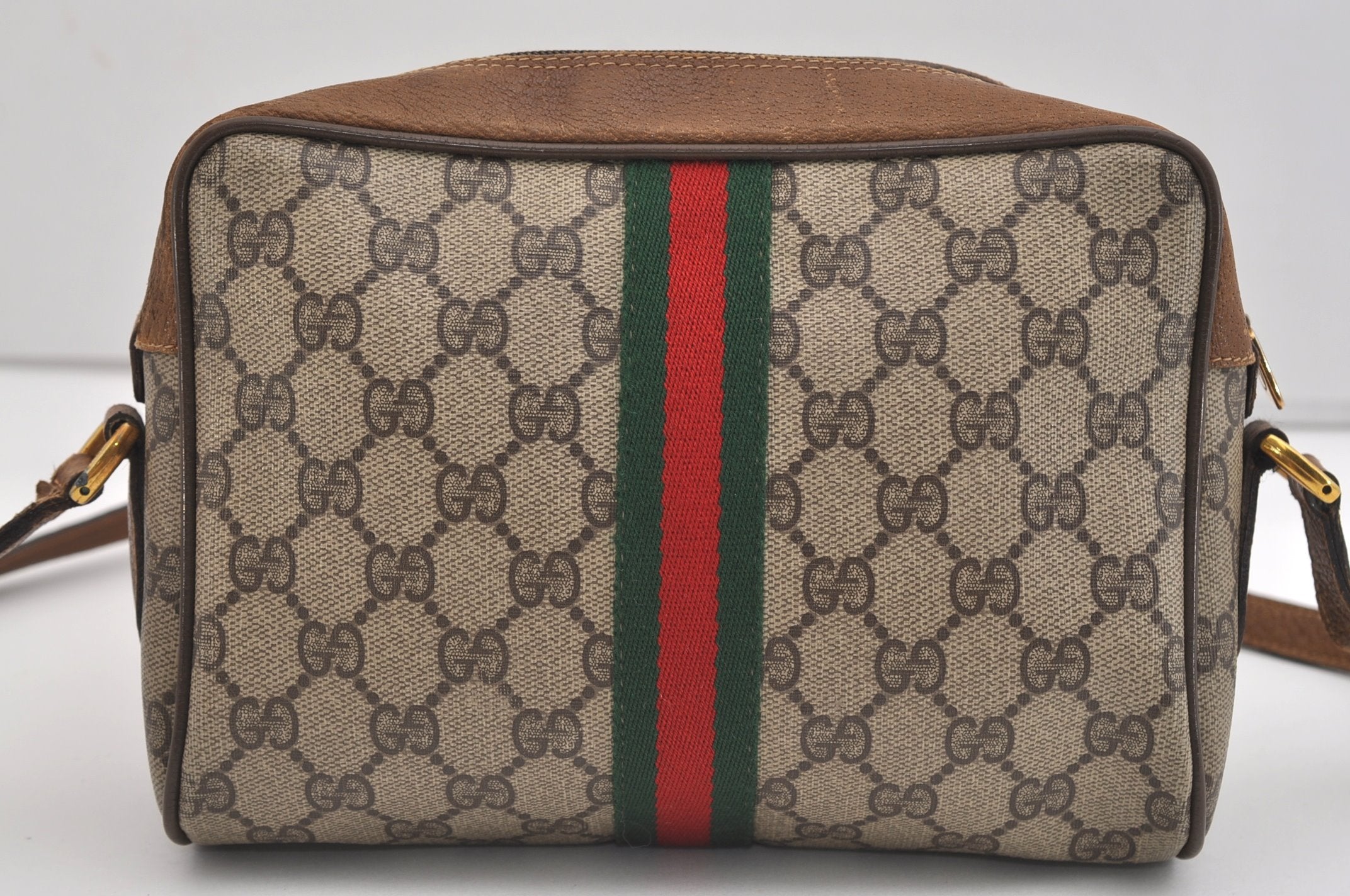 Authentic GUCCI Web Sherry Line Shoulder Cross Bag GG PVC Leather Brown 7140J