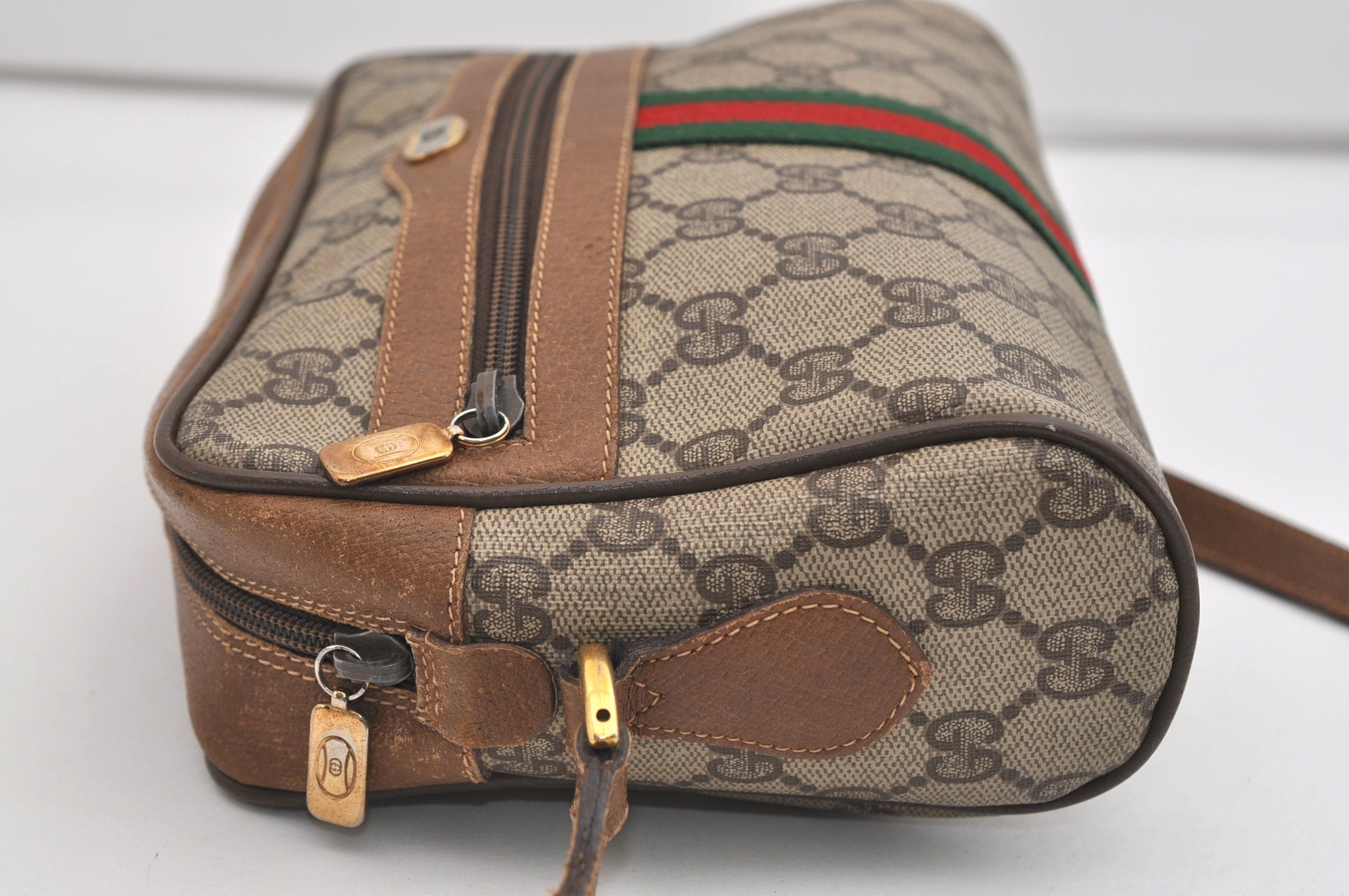 Authentic GUCCI Web Sherry Line Shoulder Cross Bag GG PVC Leather Brown 7140J