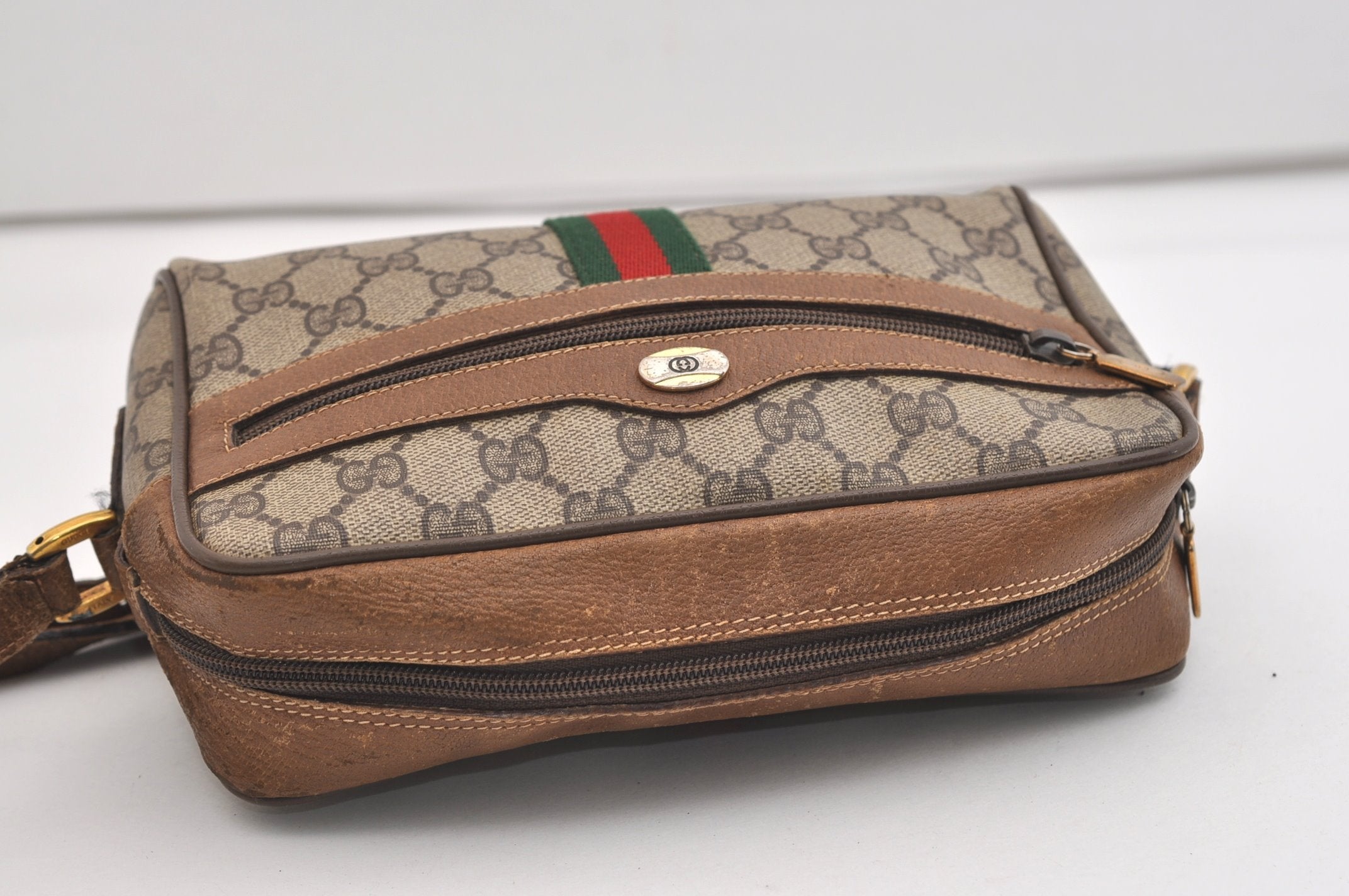 Authentic GUCCI Web Sherry Line Shoulder Cross Bag GG PVC Leather Brown 7140J