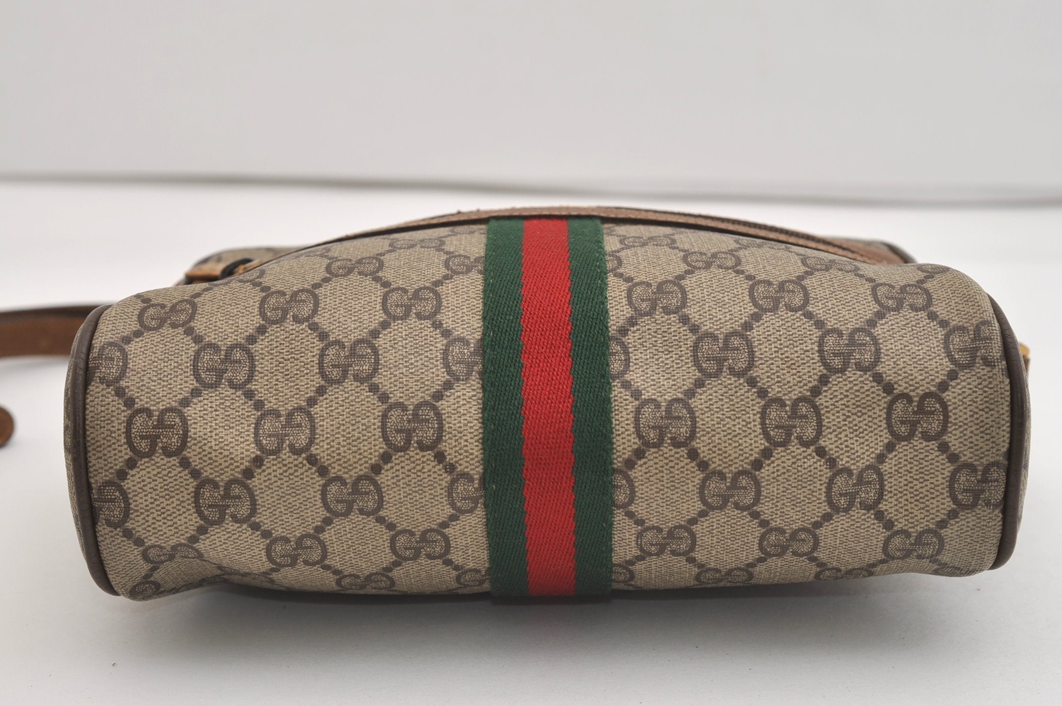 Authentic GUCCI Web Sherry Line Shoulder Cross Bag GG PVC Leather Brown 7140J