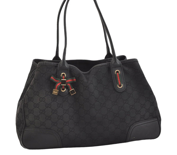 Auth GUCCI Web Sherry Line Princy Tote Bag GG Canvas Leather 163805 Black 7147J