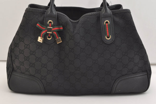 Auth GUCCI Web Sherry Line Princy Tote Bag GG Canvas Leather 163805 Black 7147J