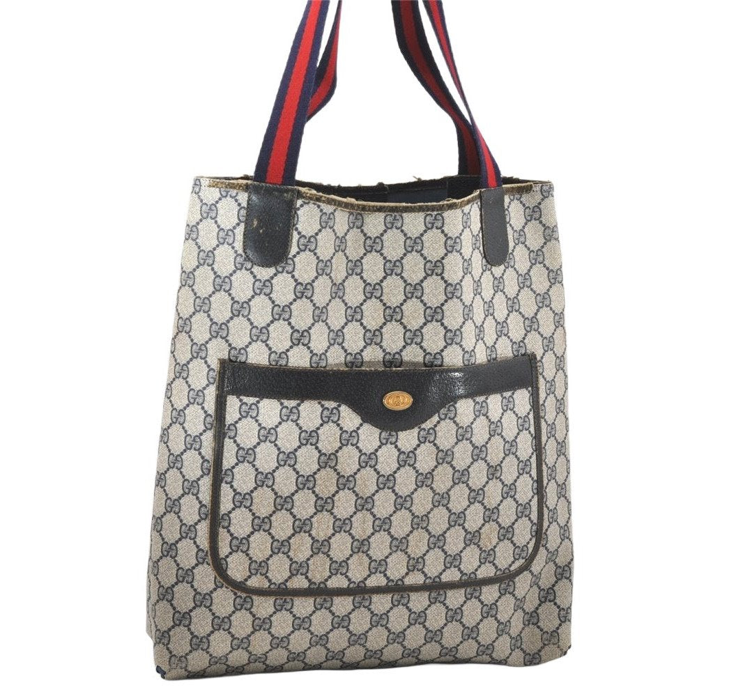 Authentic GUCCI Sherry Line Shoulder Tote Bag GG PVC Leather Navy Blue 7150K