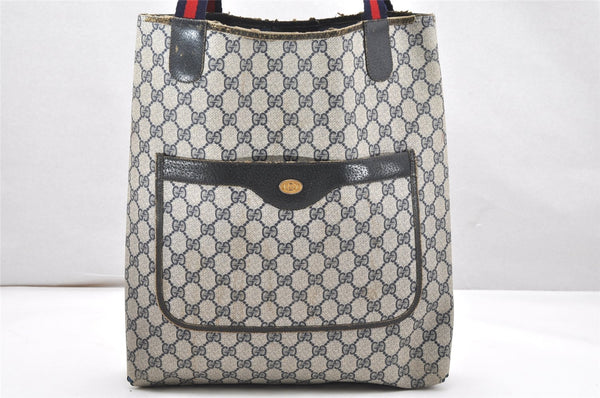 Authentic GUCCI Sherry Line Shoulder Tote Bag GG PVC Leather Navy Blue 7150K