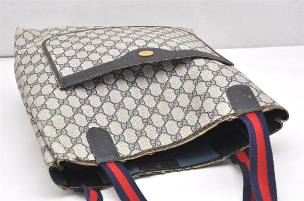 Authentic GUCCI Sherry Line Shoulder Tote Bag GG PVC Leather Navy Blue 7150K