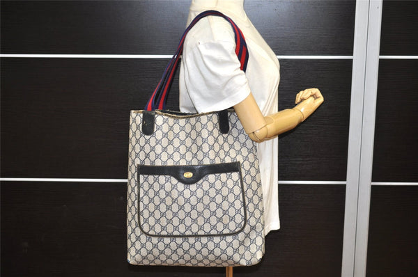 Authentic GUCCI Sherry Line Shoulder Tote Bag GG PVC Leather Navy Blue 7150K