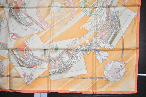 Authentic HERMES Carre 90 Scarf "FACE AU LARGE" Silk Orange Box 7159K