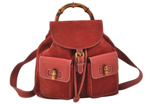 Authentic GUCCI Vintage Bamboo Drawstring Backpack Suede Leather Red 7160K