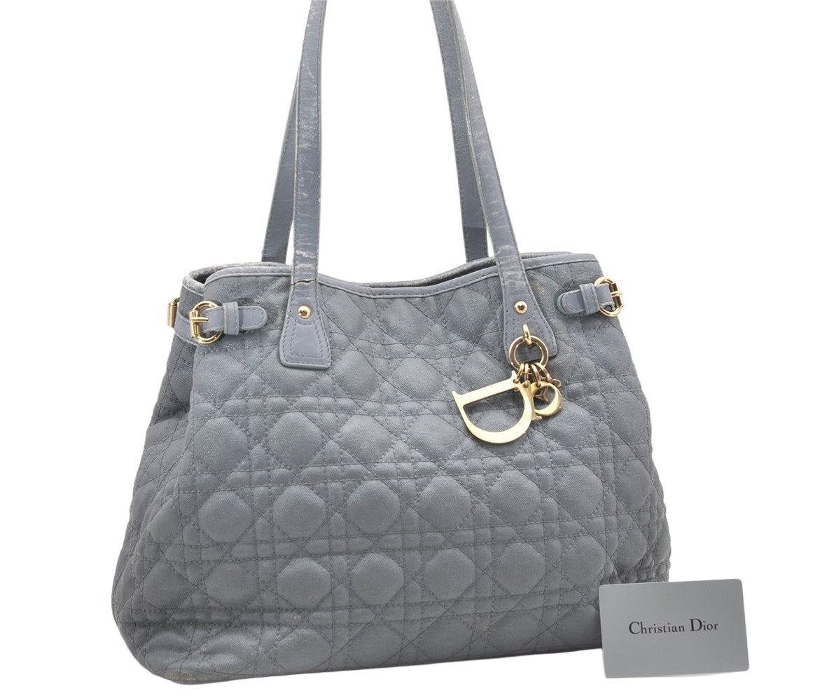 Authentic Christian Dior Panarea Cannage Tote Bag PVC Leather Blue Gray 7161K