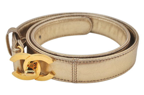 Authentic CHANEL Calf Skin Belt CC Logo Turnlock 61.5-72cm 24.2-28.3" Gold 7163K