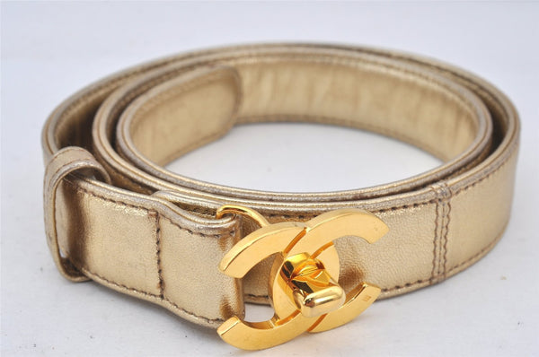 Authentic CHANEL Calf Skin Belt CC Logo Turnlock 61.5-72cm 24.2-28.3" Gold 7163K