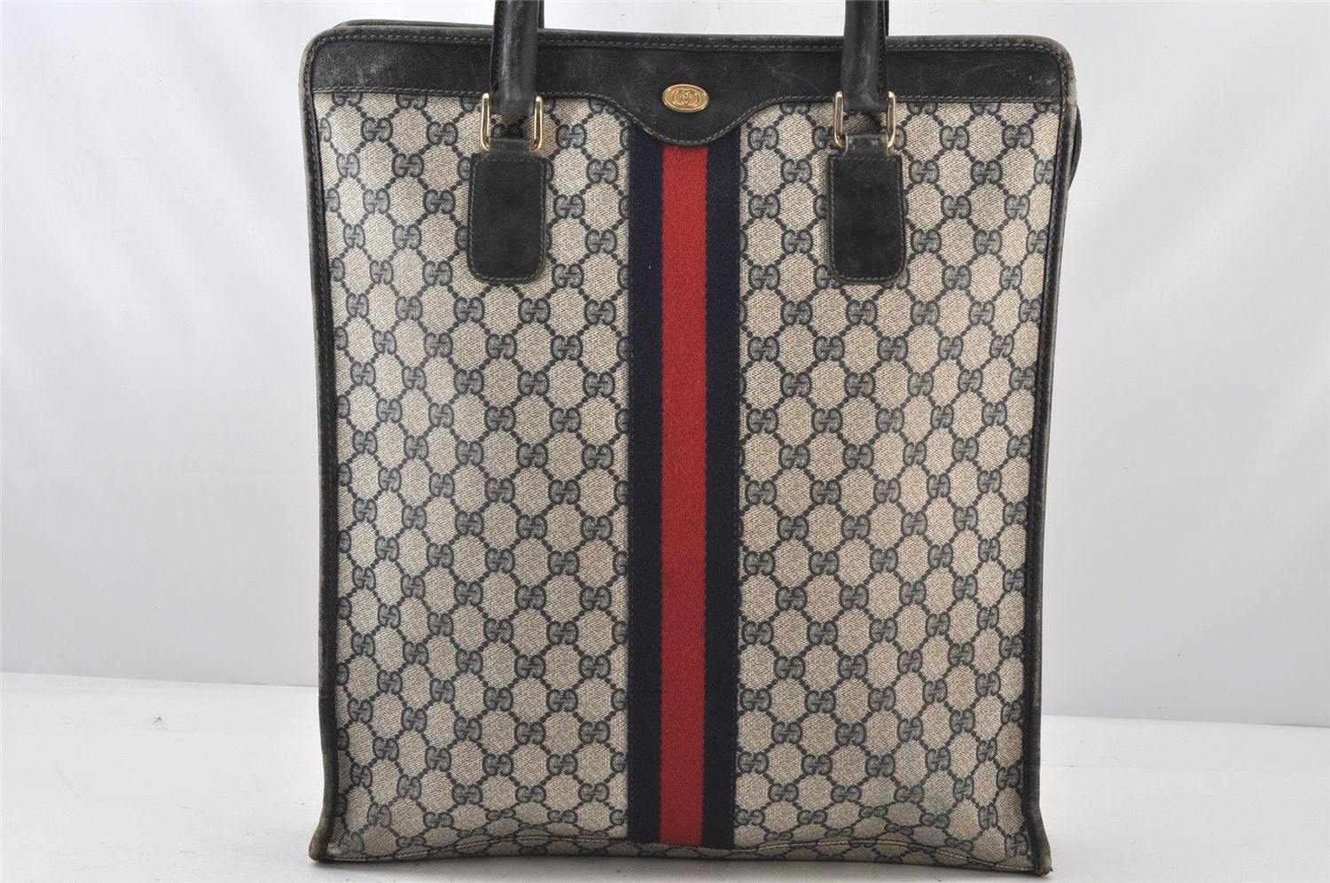 Authentic GUCCI Sherry Line Hand Tote Bag GG PVC Leather Navy Blue Junk 7165K