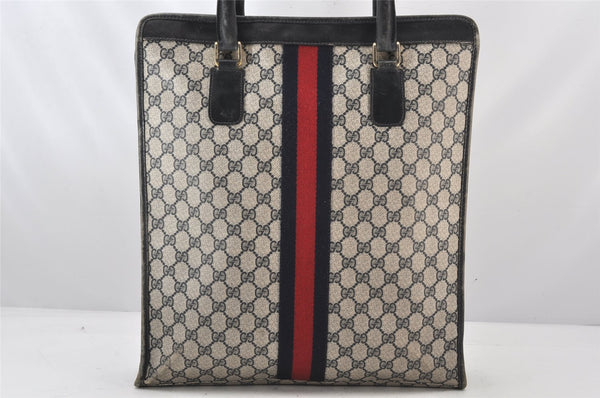 Authentic GUCCI Sherry Line Hand Tote Bag GG PVC Leather Navy Blue Junk 7165K