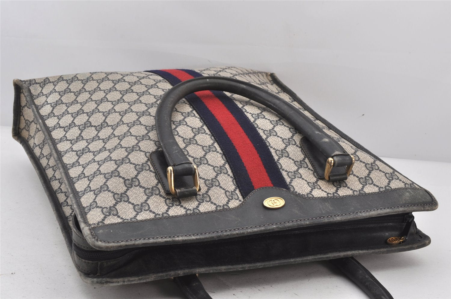 Authentic GUCCI Sherry Line Hand Tote Bag GG PVC Leather Navy Blue Junk 7165K