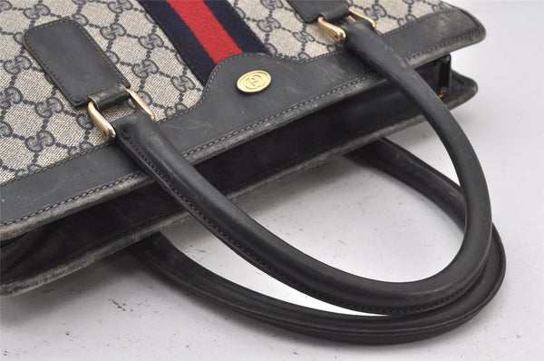 Authentic GUCCI Sherry Line Hand Tote Bag GG PVC Leather Navy Blue Junk 7165K