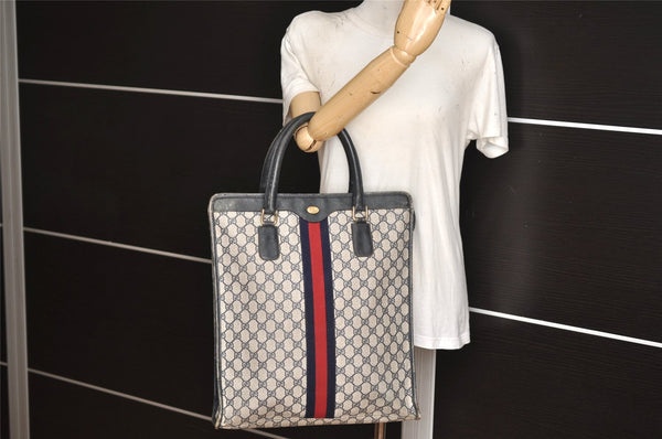 Authentic GUCCI Sherry Line Hand Tote Bag GG PVC Leather Navy Blue Junk 7165K