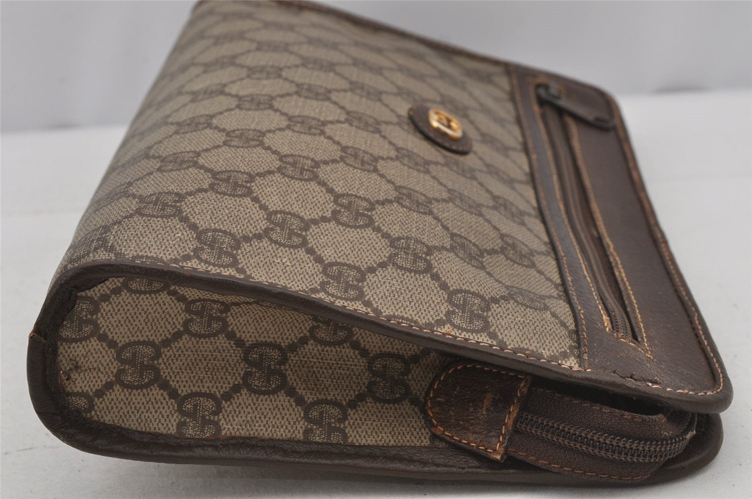 Authentic GUCCI Vintage Clutch Hand Bag Purse GG PVC Leather Brown 7172J