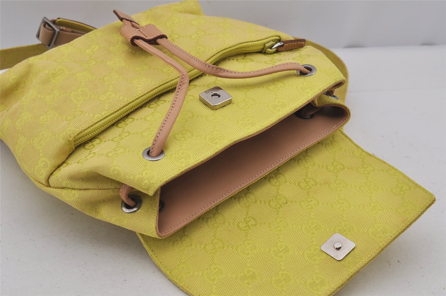 Authentic GUCCI Vintage Backpack Purse GG Canvas Leather 0030242 Yellow 7177J