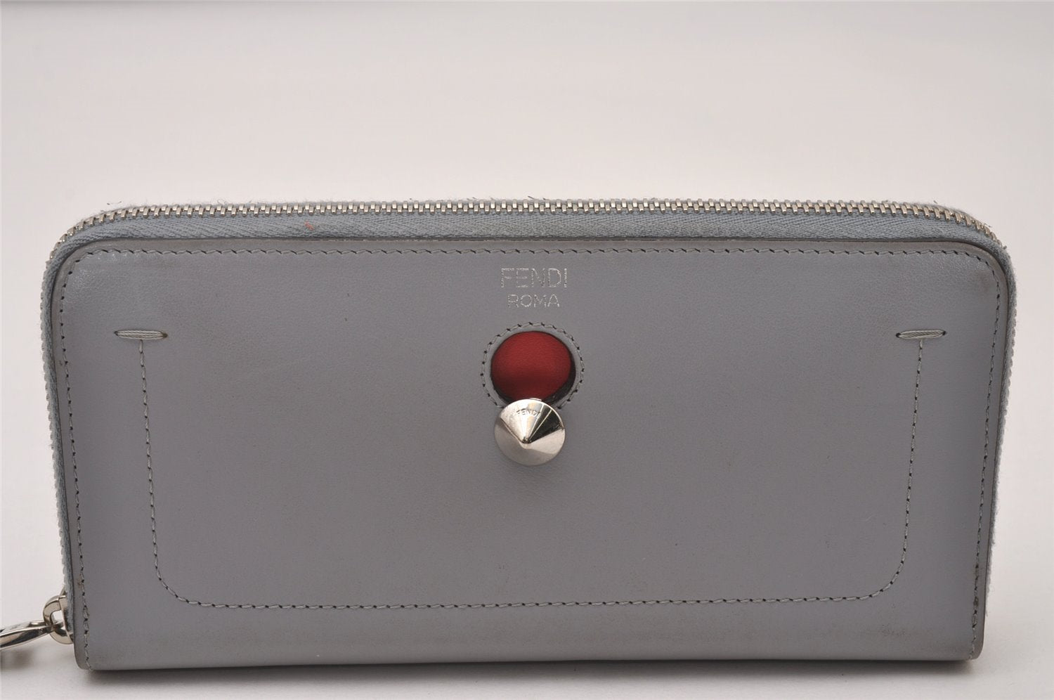 Authentic FENDI Dot Com Leather Round Zip Long Wallet Purse Light Blue 7184I